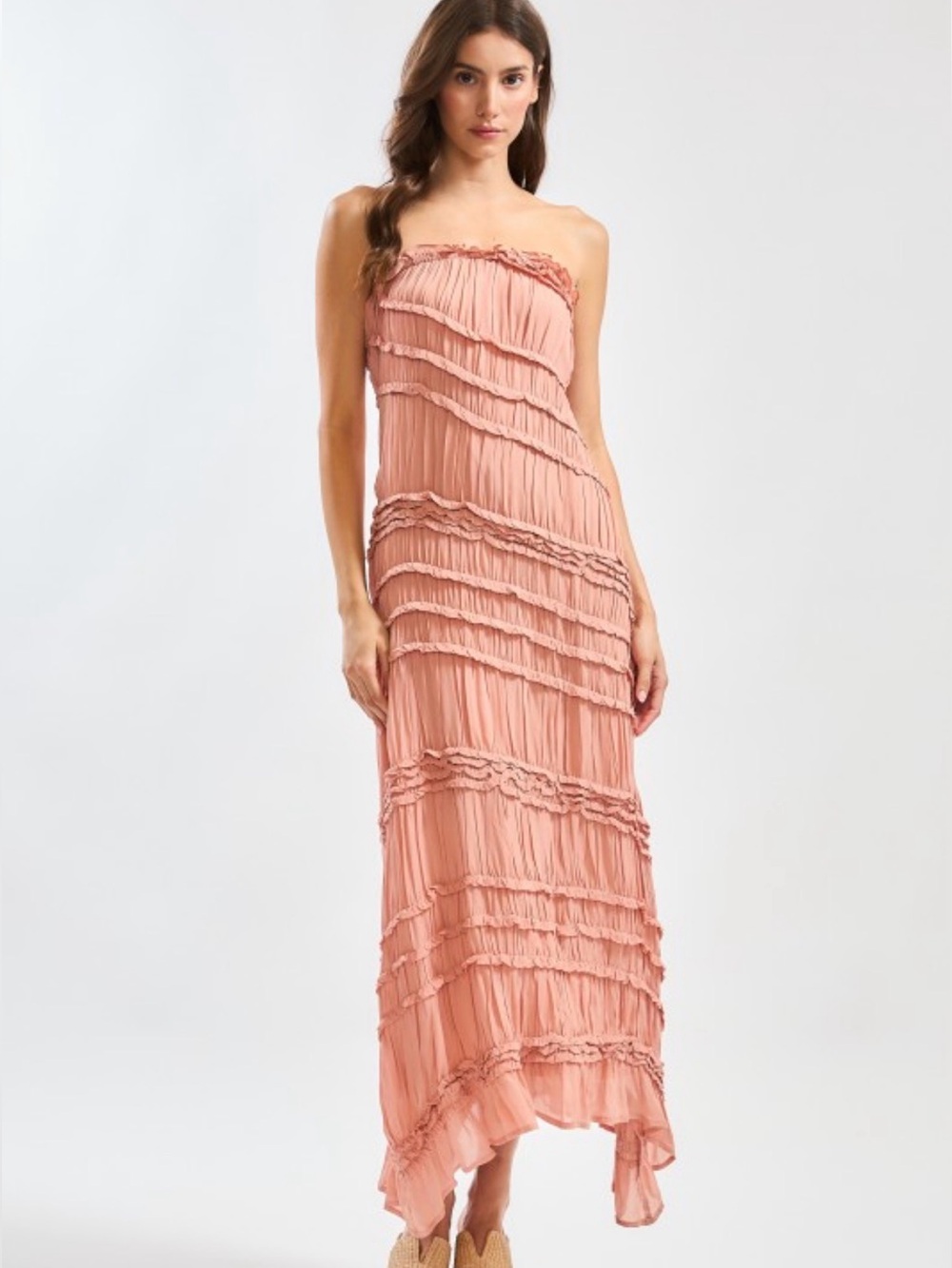 A722. Strapless Ruffle Ruched Maxi Dress in Dusty Rose - crinkle/crêpe pleating